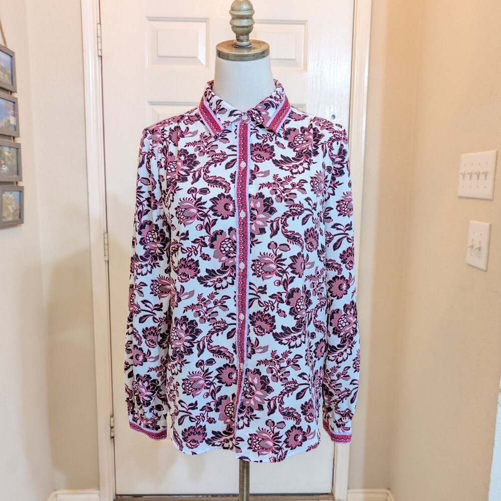Nanette Lepore Pink White Floral Long Sleeve Blouse Shirt Size S Detailed Trim